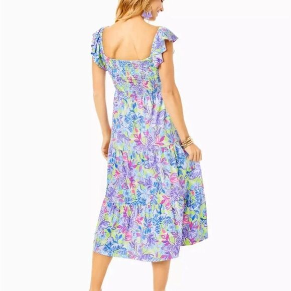 Lilly Pulitzer Jilly Smocked Midi Dress Woman Size XS Dew Drop Stay Fly Smocked - Picture 2 of 14